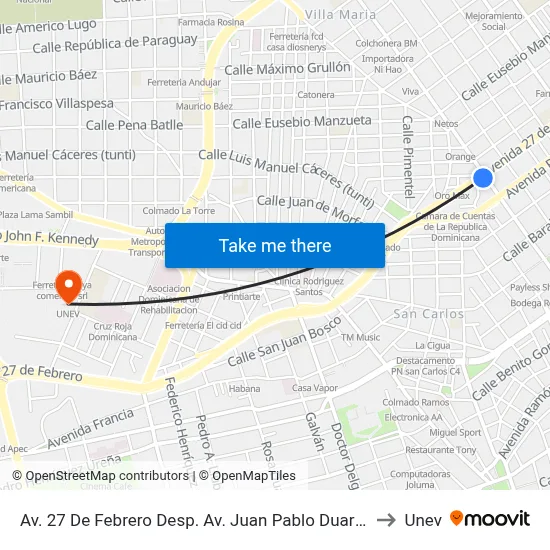 Av. 27 De Febrero Desp. Av. Juan Pablo Duarte to Unev map