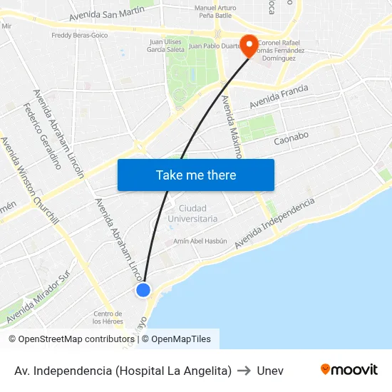 Av. Independencia (Hospital La Angelita) to Unev map