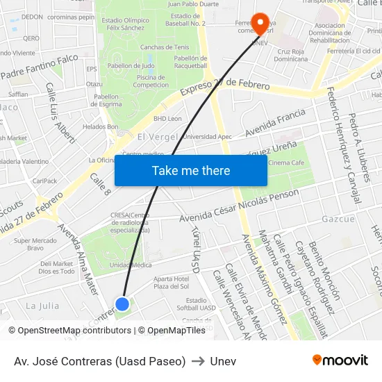 Av. José Contreras (Uasd Paseo) to Unev map