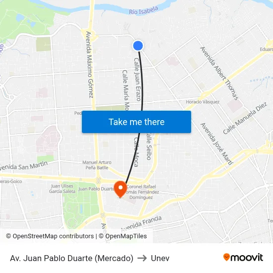 Av. Juan Pablo Duarte (Mercado) to Unev map