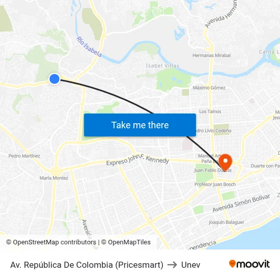 Av. República De Colombia (Pricesmart) to Unev map