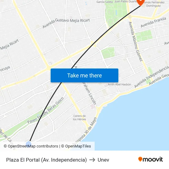 Plaza El Portal (Av. Independencia) to Unev map