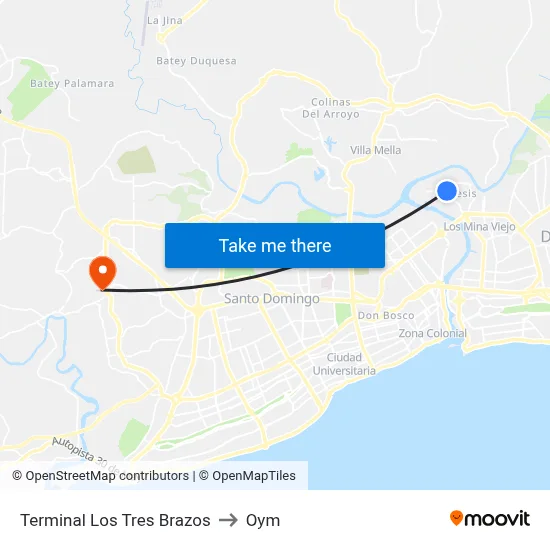 Terminal Los Tres Brazos to Oym map