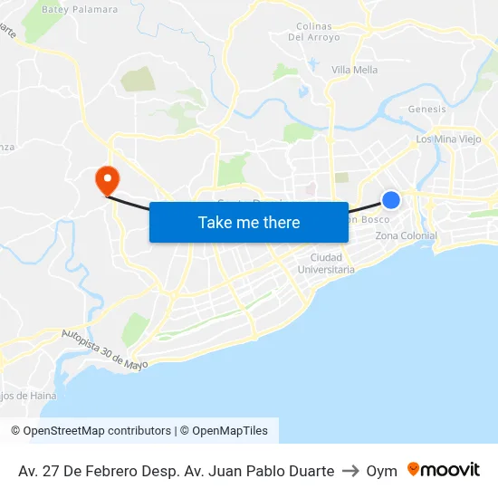 Av. 27 De Febrero Desp. Av. Juan Pablo Duarte to Oym map