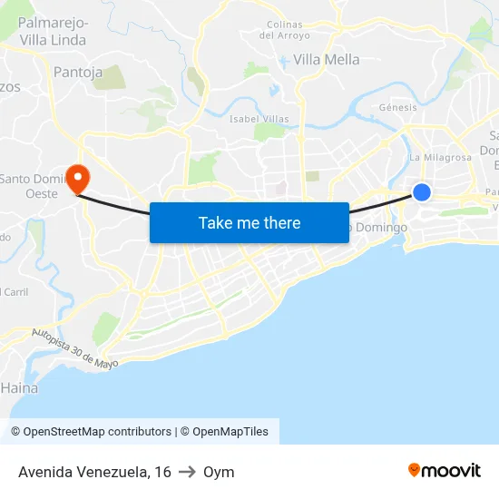 Avenida Venezuela, 16 to Oym map