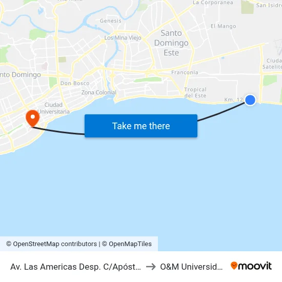 Av. Las Americas Desp. C/Apóstol to O&M Universidad map
