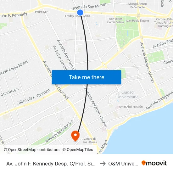 Av. John F. Kennedy Desp. C/Prol. Siervas De María to O&M Universidad map