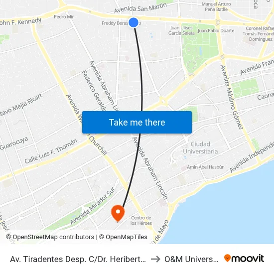 Av. Tiradentes Desp. C/Dr. Heriberto Pieter to O&M Universidad map