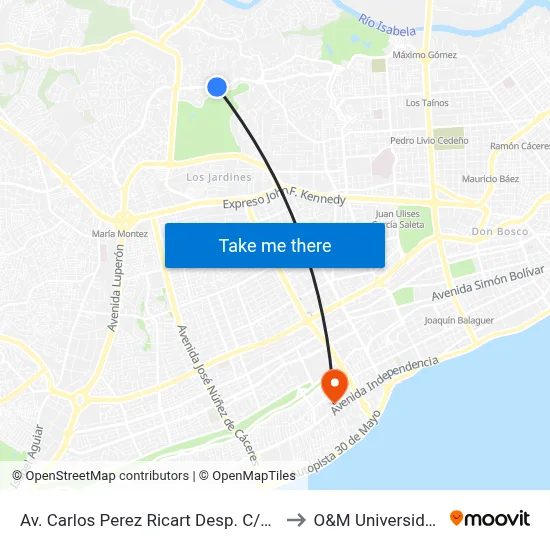 Av. Carlos Perez Ricart Desp. C/H5 to O&M Universidad map