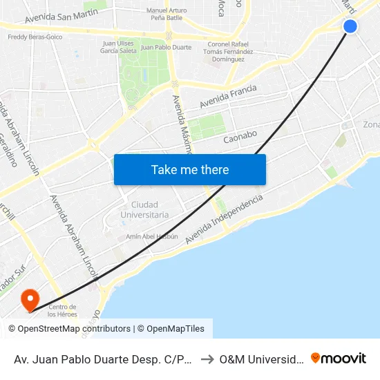 Av. Juan Pablo Duarte Desp. C/Paris to O&M Universidad map