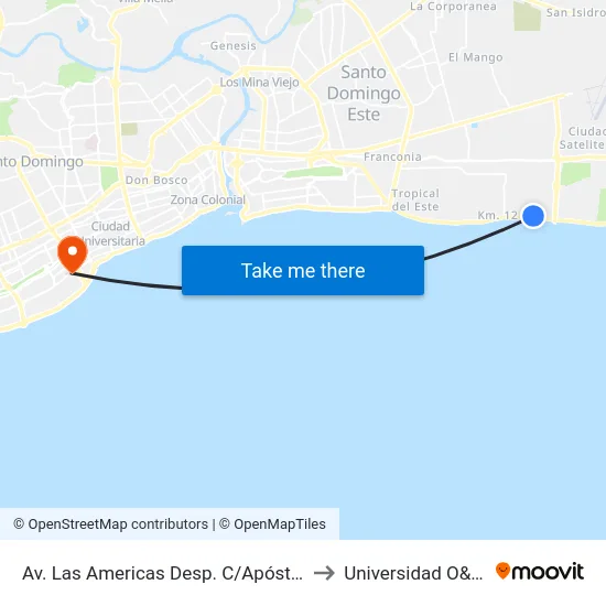 Av. Las Americas Desp. C/Apóstol to Universidad O&M map
