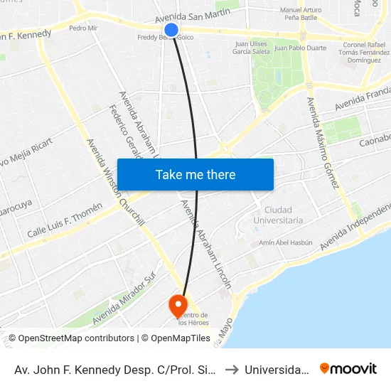 Av. John F. Kennedy Desp. C/Prol. Siervas De María to Universidad O&M map