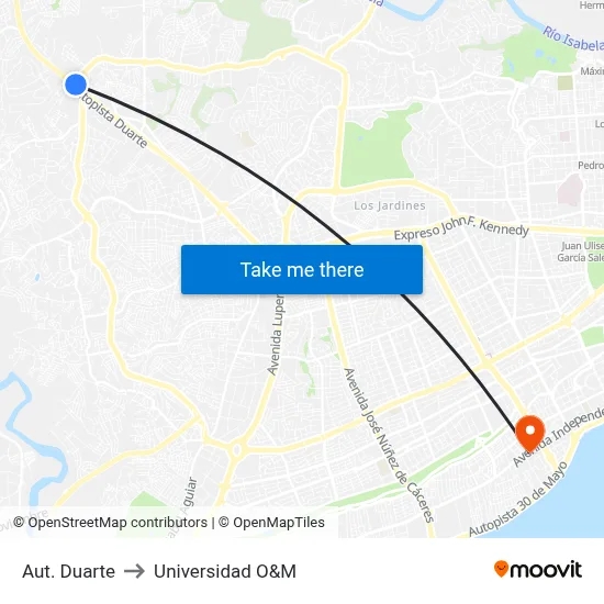 Aut. Duarte to Universidad O&M map