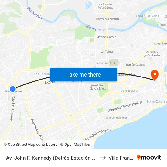 Av. John F. Kennedy (Detrás Estación María Montez) to Villa Francisca map