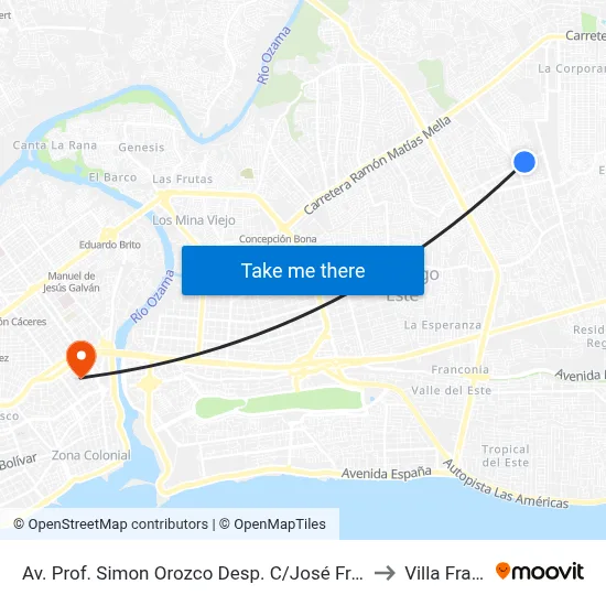 Av. Prof. Simon Orozco Desp. C/José Francisco Peña Gómez to Villa Francisca map