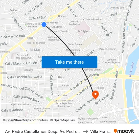Av. Padre Castellanos Desp. Av. Pedro Livio Cedeño to Villa Francisca map