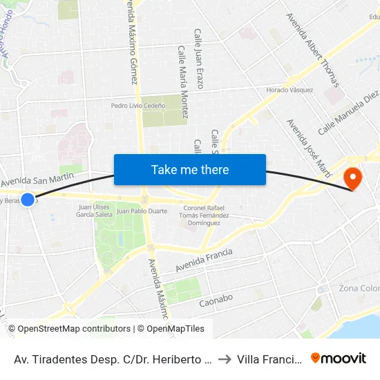 Av. Tiradentes Desp. C/Dr. Heriberto Pieter to Villa Francisca map