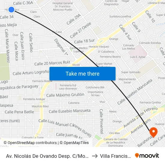 Av. Nicolás De Ovando Desp. C/Moca to Villa Francisca map
