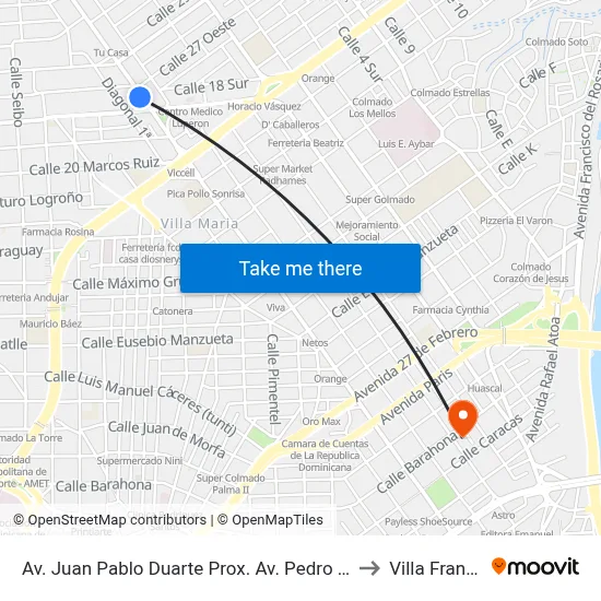Av. Juan Pablo Duarte Prox. Av. Pedro Livio Cedeño to Villa Francisca map