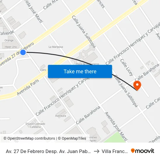 Av. 27 De Febrero Desp. Av. Juan Pablo Duarte to Villa Francisca map