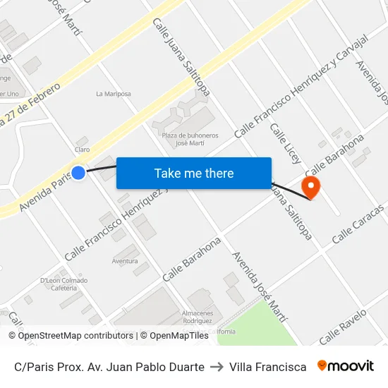 C/Paris Prox. Av. Juan Pablo Duarte to Villa Francisca map