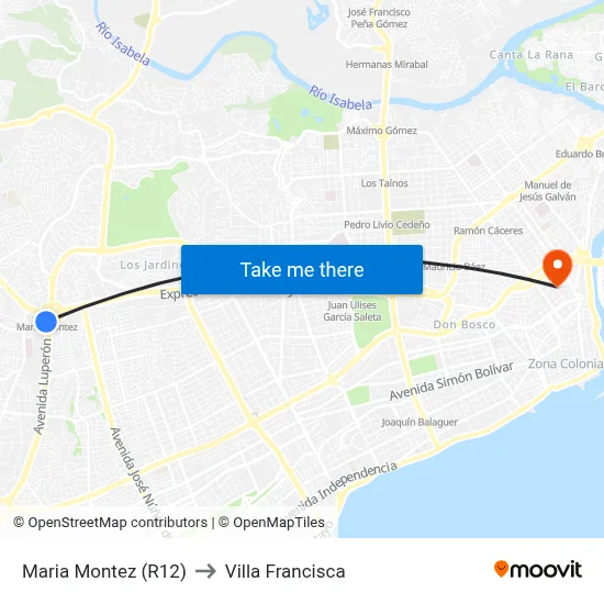 Maria Montez (R12) to Villa Francisca map