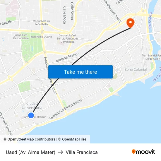 Uasd (Av. Alma Mater) to Villa Francisca map