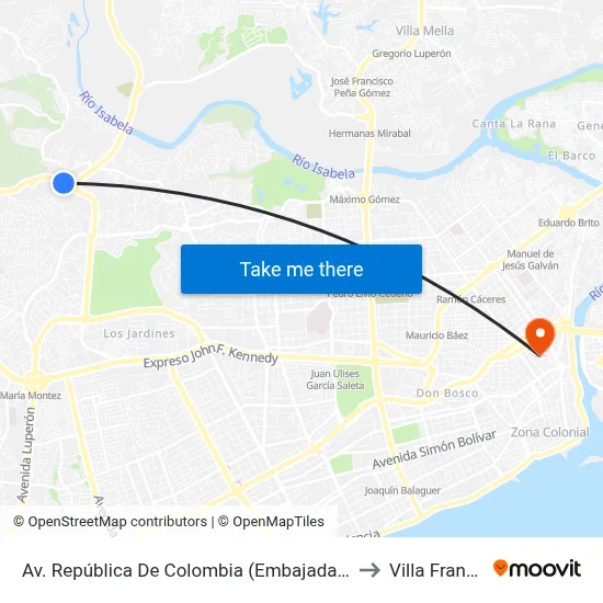 Av. República De Colombia (Embajada Americana) to Villa Francisca map