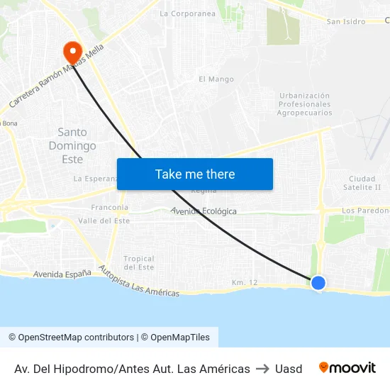 Av. Del Hipodromo/Antes Aut. Las Américas to Uasd map