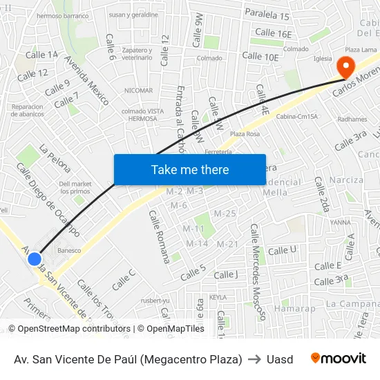 Av. San Vicente De Paúl (Megacentro Plaza) to Uasd map
