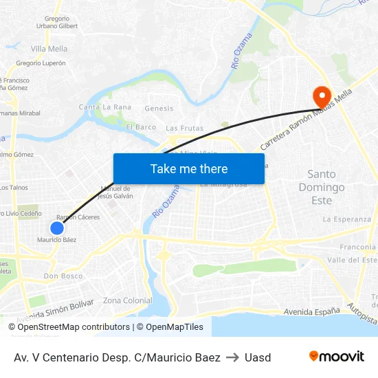 Av. V Centenario Desp. C/Mauricio Baez to Uasd map