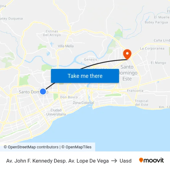 Av. John F. Kennedy Desp. Av. Lope De Vega to Uasd map