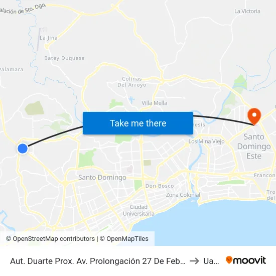 Aut. Duarte Prox. Av. Prolongación 27 De Febrero to Uasd map