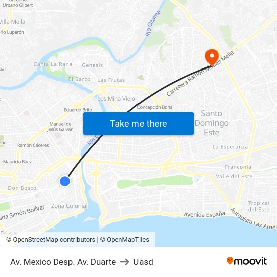 Av. Mexico Desp. Av. Duarte to Uasd map