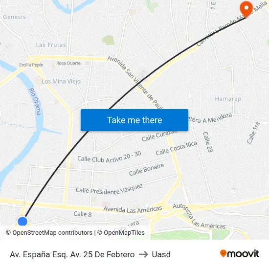 Av. España Esq. Av. 25 De Febrero to Uasd map
