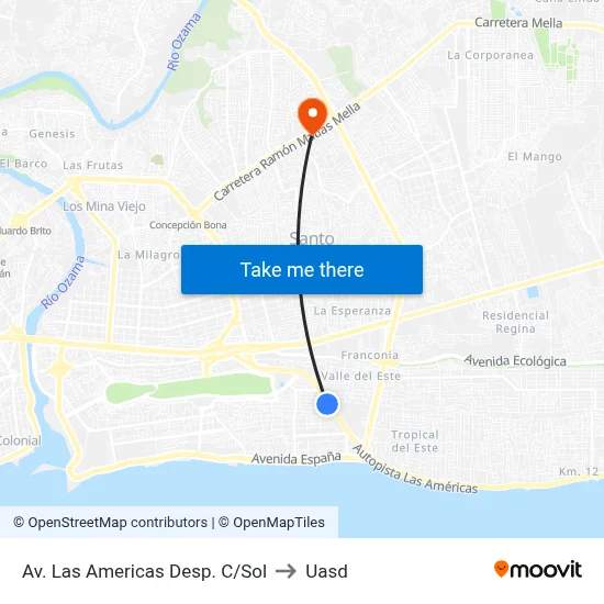 Av. Las Americas Desp. C/Sol to Uasd map