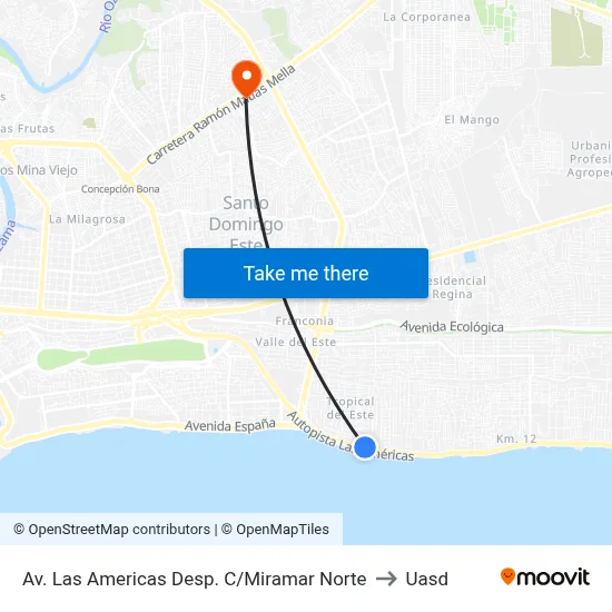 Av. Las Americas Desp. C/Miramar Norte to Uasd map