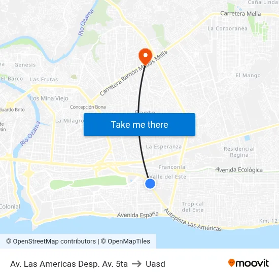 Av. Las Americas Desp. Av. 5ta to Uasd map
