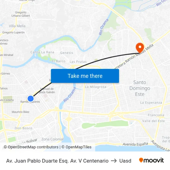 Av. Juan Pablo Duarte Esq. Av. V Centenario to Uasd map