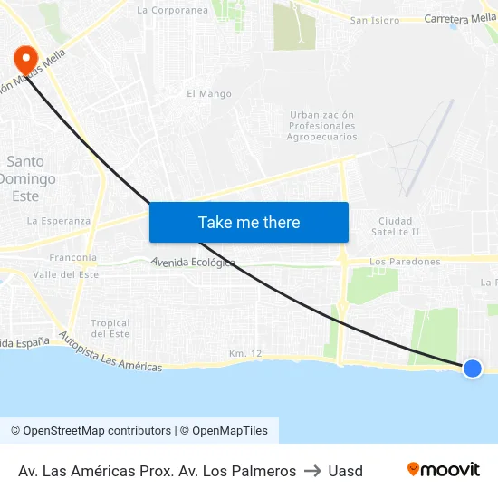 Av. Las Américas Prox. Av. Los Palmeros to Uasd map