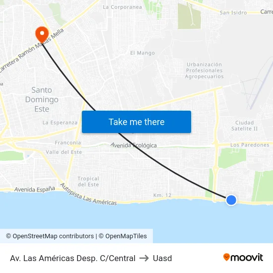 Av. Las Américas Desp. C/Central to Uasd map