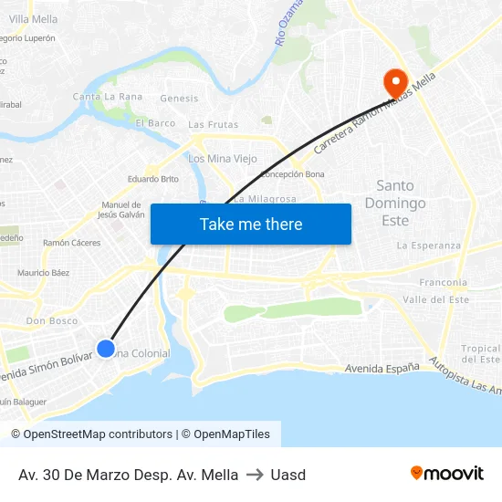 Av. 30 De Marzo  Desp. Av. Mella to Uasd map