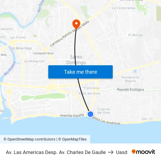 Av. Las Americas Desp. Av. Charles De Gaulle to Uasd map