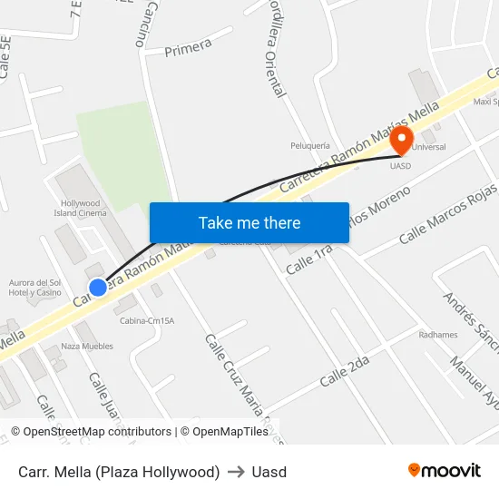 Carr. Mella (Plaza Hollywood) to Uasd map