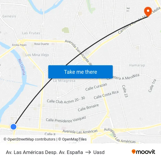 Av. Las Américas Desp. Av. España to Uasd map