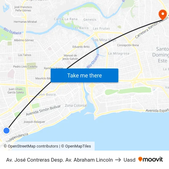 Av. José Contreras Desp. Av. Abraham Lincoln to Uasd map