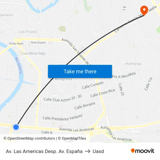 Av. Las Americas Desp. Av. España to Uasd map