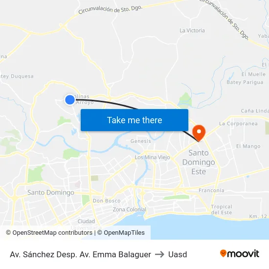 Av. Sánchez Desp. Av. Emma Balaguer to Uasd map