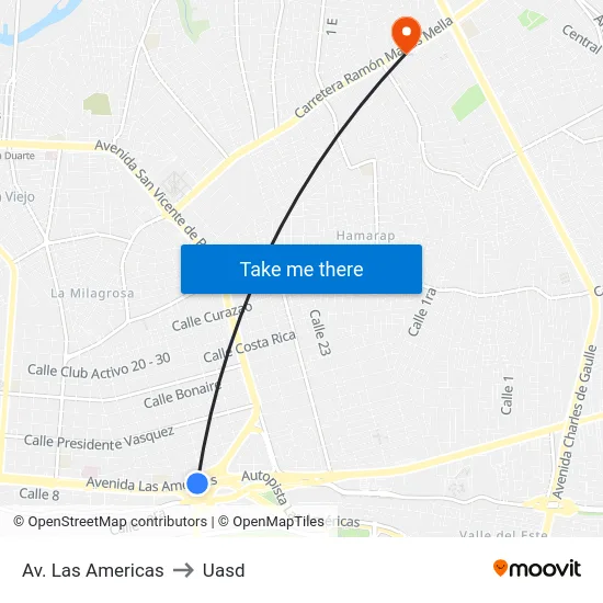 Av. Las Americas to Uasd map