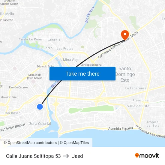Calle Juana Saltitopa 53 to Uasd map